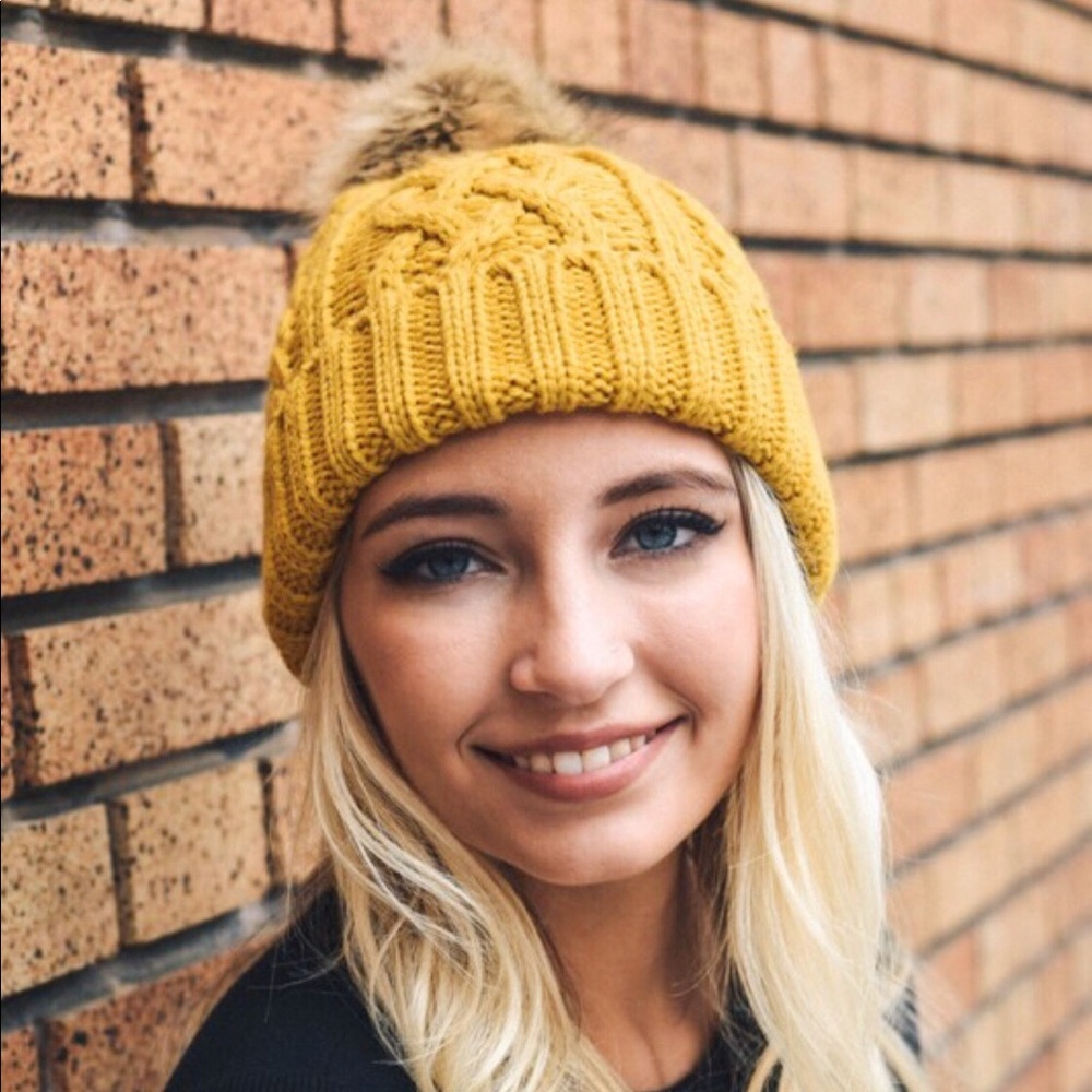 Yellow Pom Pom Vegan Friendly Winter Beanie OS - Picture 3 of 5